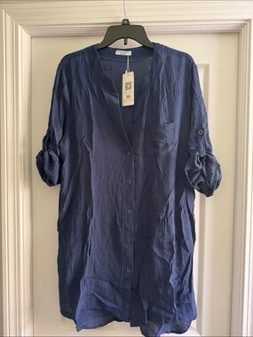 Long Navy Button-Front Women's Swim Coverup